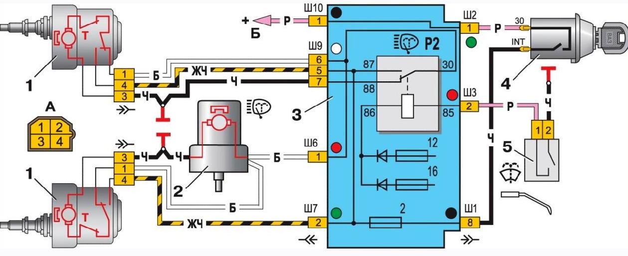 Схема включения очистителей и омывателя фар