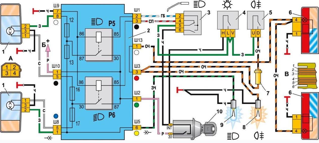 Схема включения фар и противотуманного света в задних фонарях