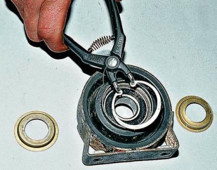 Снимаем грязеотражатели и щипцами вынимаем стопорное кольцо подшипника