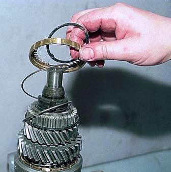 снимаем стопорное кольцо, а также блокирующее кольцо синхронизатора и пружину 