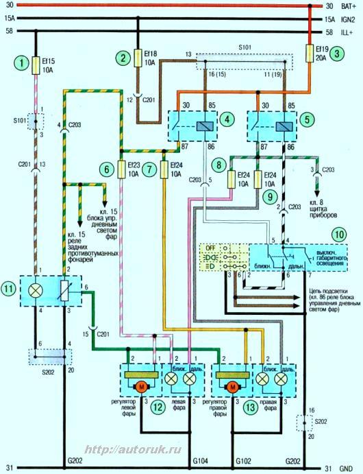 Схема проводки фар и корректора фар автомобиля Авео Шевролет